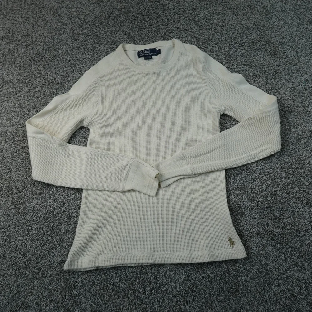 VTG Polo Ralph Lauren Shirt Mens S White Beige Waffle Knit Thermal Crewneck Pony